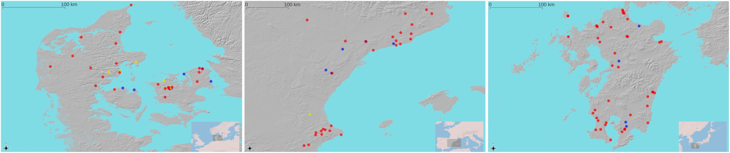 Map of the selected regions (Denmark, Iberia, and Kyushu). Red dots refer to sites associated with farming, blue dots are associated with hunter-gatherers, and yellow dots show dates for both of them.