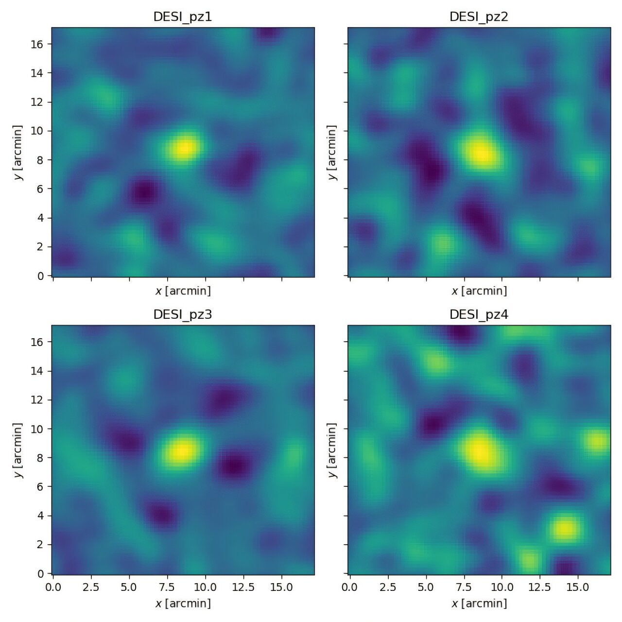 2D maps of the stacked kSZ signal around DESI DR9 LRGs in the Main sample for all four photometric bins.