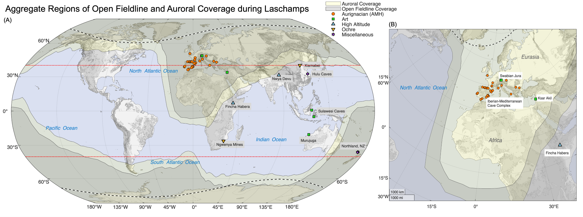 Map of the combined coverage of the auroral oval (yellow-shaded area) and open field line regions (gray-filled) throughout the Laschamps event