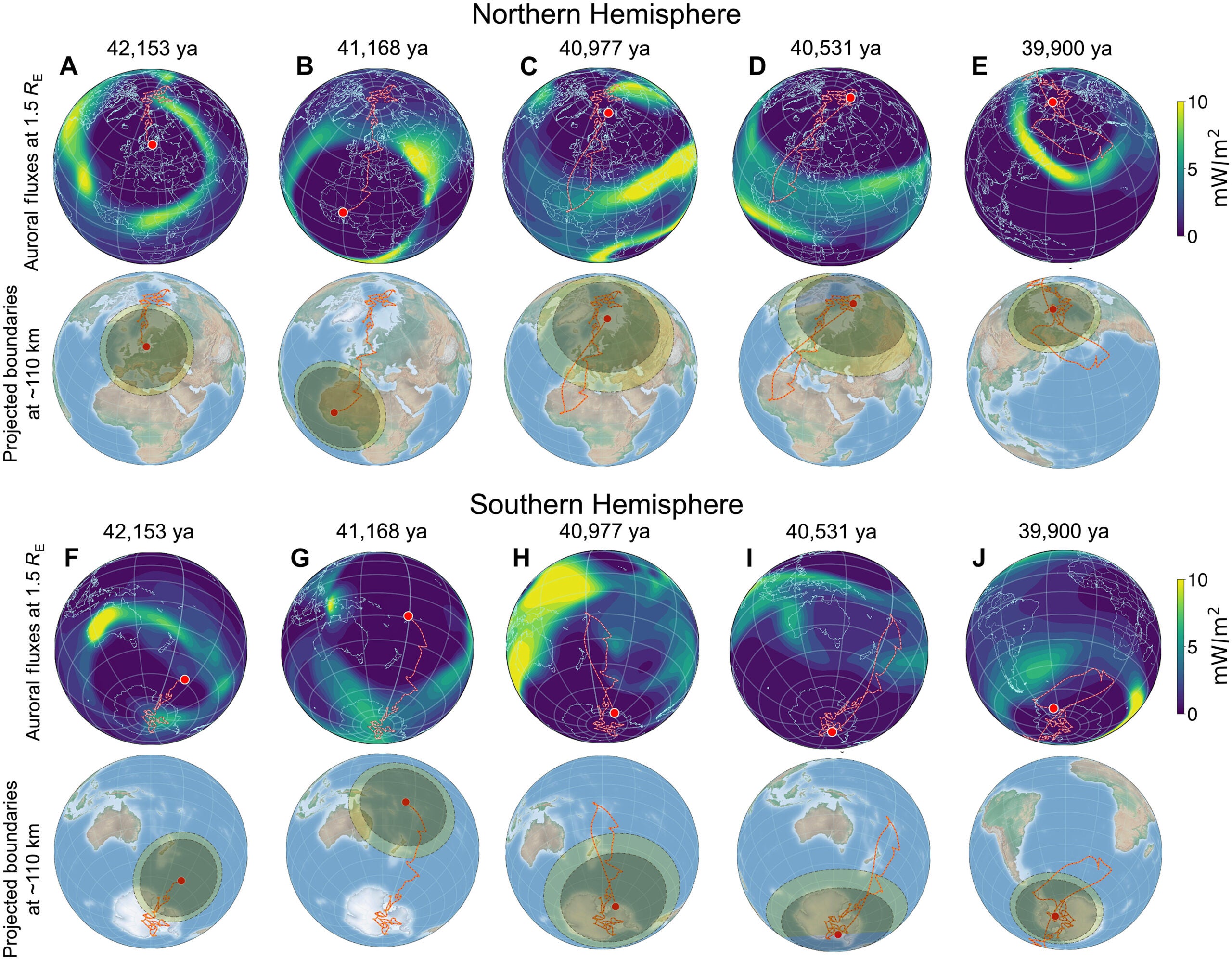 Visualization of auroral charged particle energy flux variations and corresponding auroral zone wandering during the Laschamps excursion.