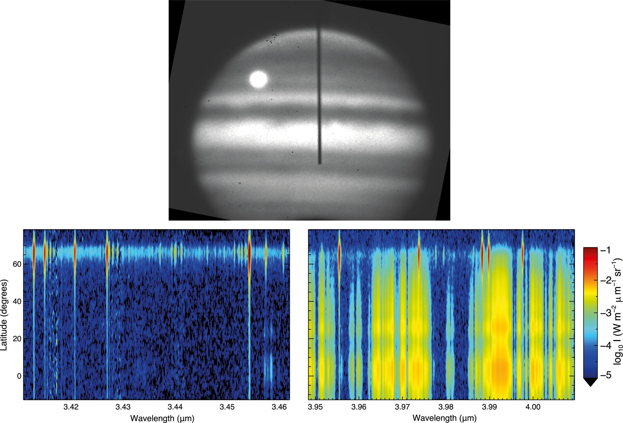 An example Keck NIRSPEC slit-viewing camera image (top) and spectral image (bottom) recorded on 25 January 2017 at 11:42 UT. 