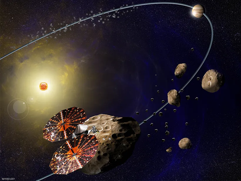 Artist's conception of the Lucy spacecraft on its trajectory past several Trojan asteroids.