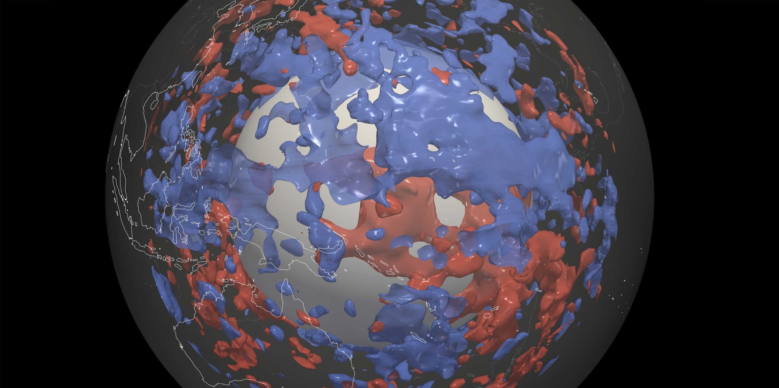 Using a new model, researchers uncover zones in the Earth's lower mantle where seismic waves travel slower (red) or faster (blue). The large blue zone in the western Pacific (right above the center of the image) was previously unknown.