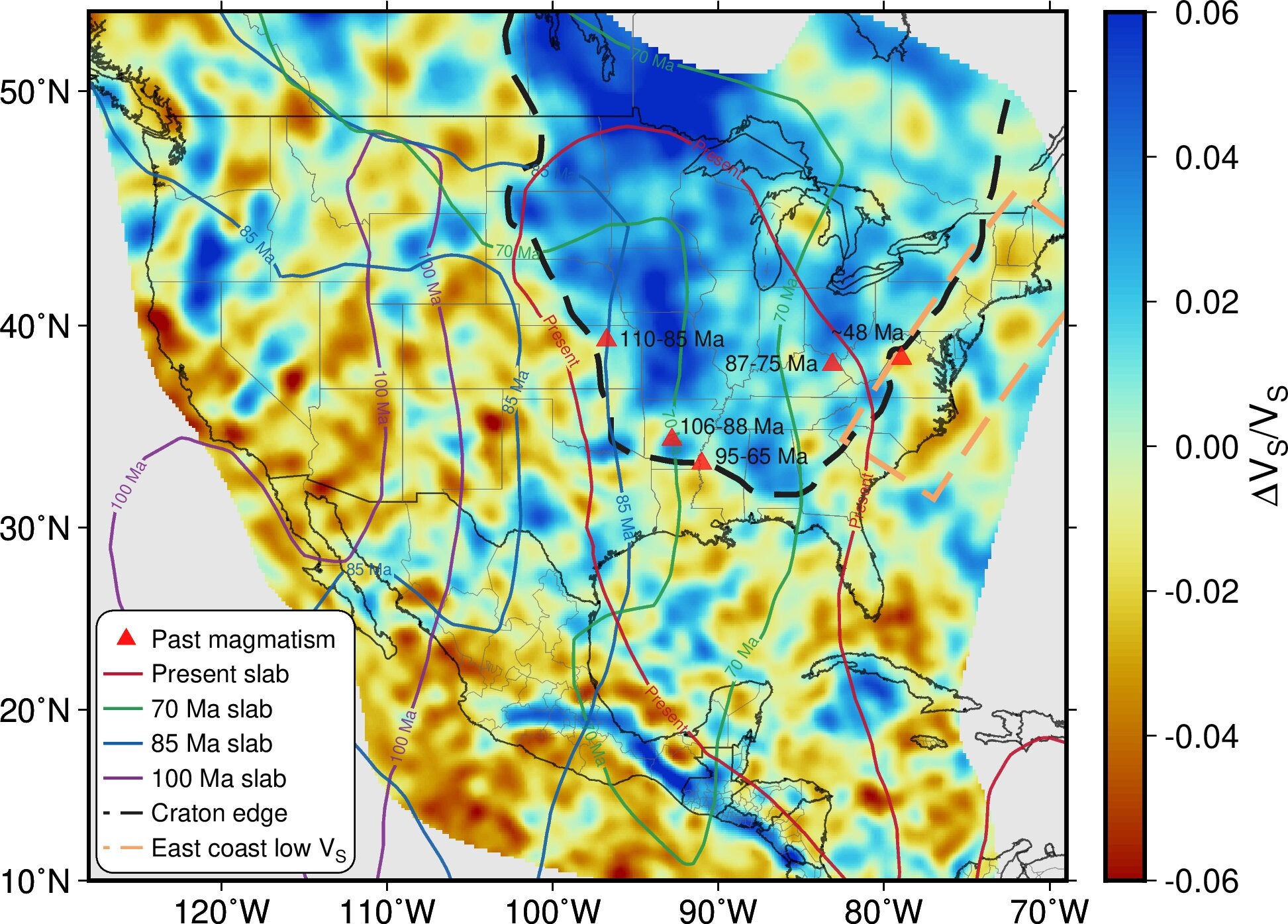 Seismic waves pass through different geological features at different speeds. This map shows seismic speed in the Earth's crust at 200 kilometers depth across the continental United States and portions of Central America and Canada. The North American craton (outlined in black dashes) has a high seismic velocity compared to its surroundings.