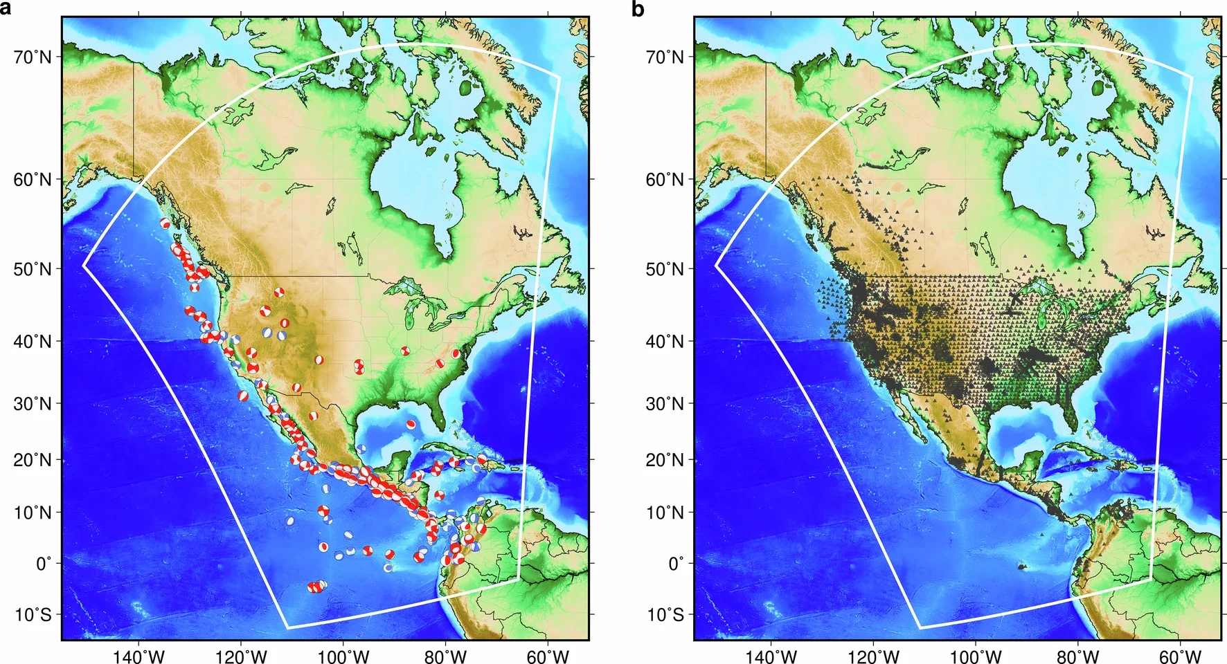 Map of earthquakes symbolized by their focal mechanisms after source inversions. Red earthquakes are included during both coarse and fine stages, while blue earthquakes are only used during the coarse stage. The white solid line outlines the simulation domain.