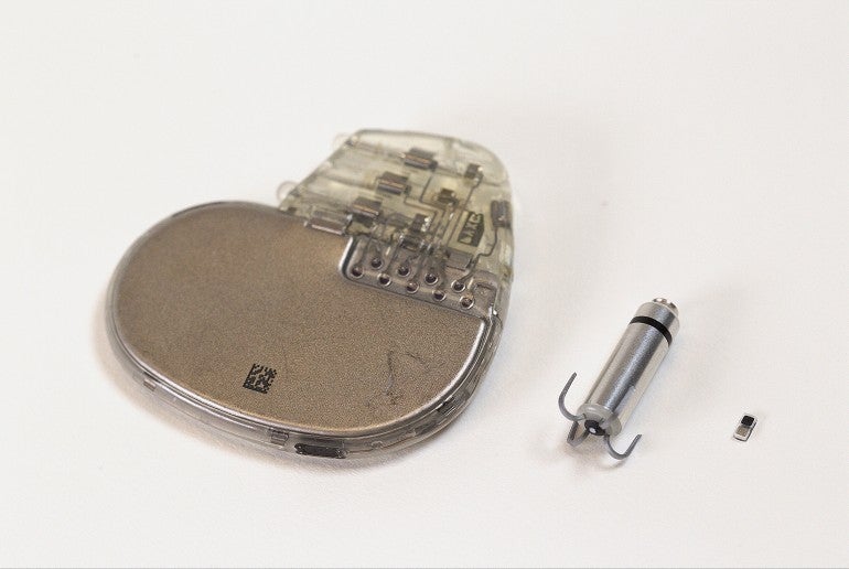 From left, a traditional pacemaker, a leadless pacemaker and the new pacemaker.