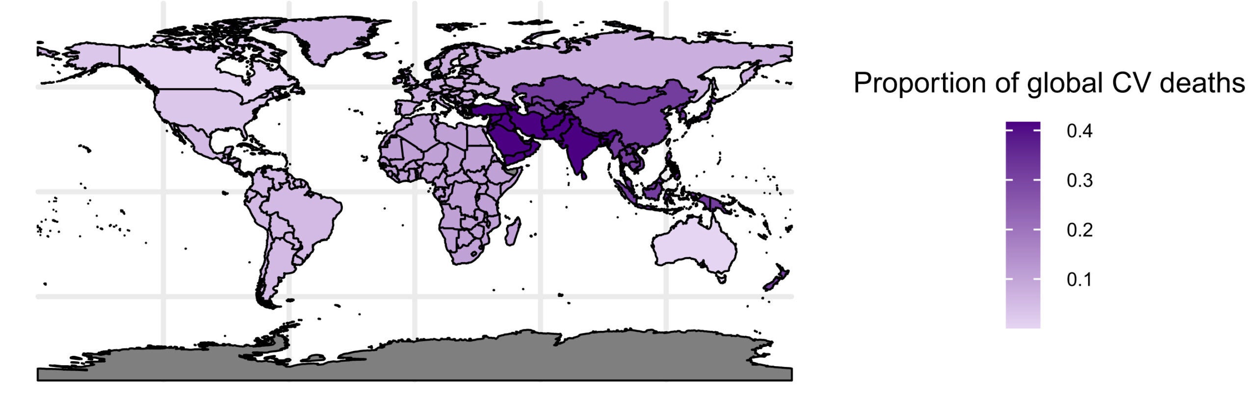 Aggregate DEHP-attributable mortality world maps among 200 countries and eight world regions. Plot represents proportion of global excess CV deaths, or “global share” of mortality burden in each continent.