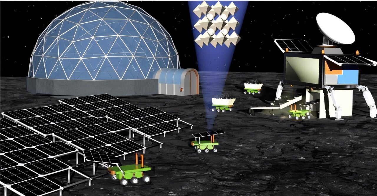 Vision of future solar cell fabrication on the moon, utilizing raw regolith. Shown are robots that source raw regolith and bring it to a production facility, which fabricates perovskite-based moon solar cells. Later automated rovers or astronauts install the produced solar cells to power future moon-habitats or even cities. 