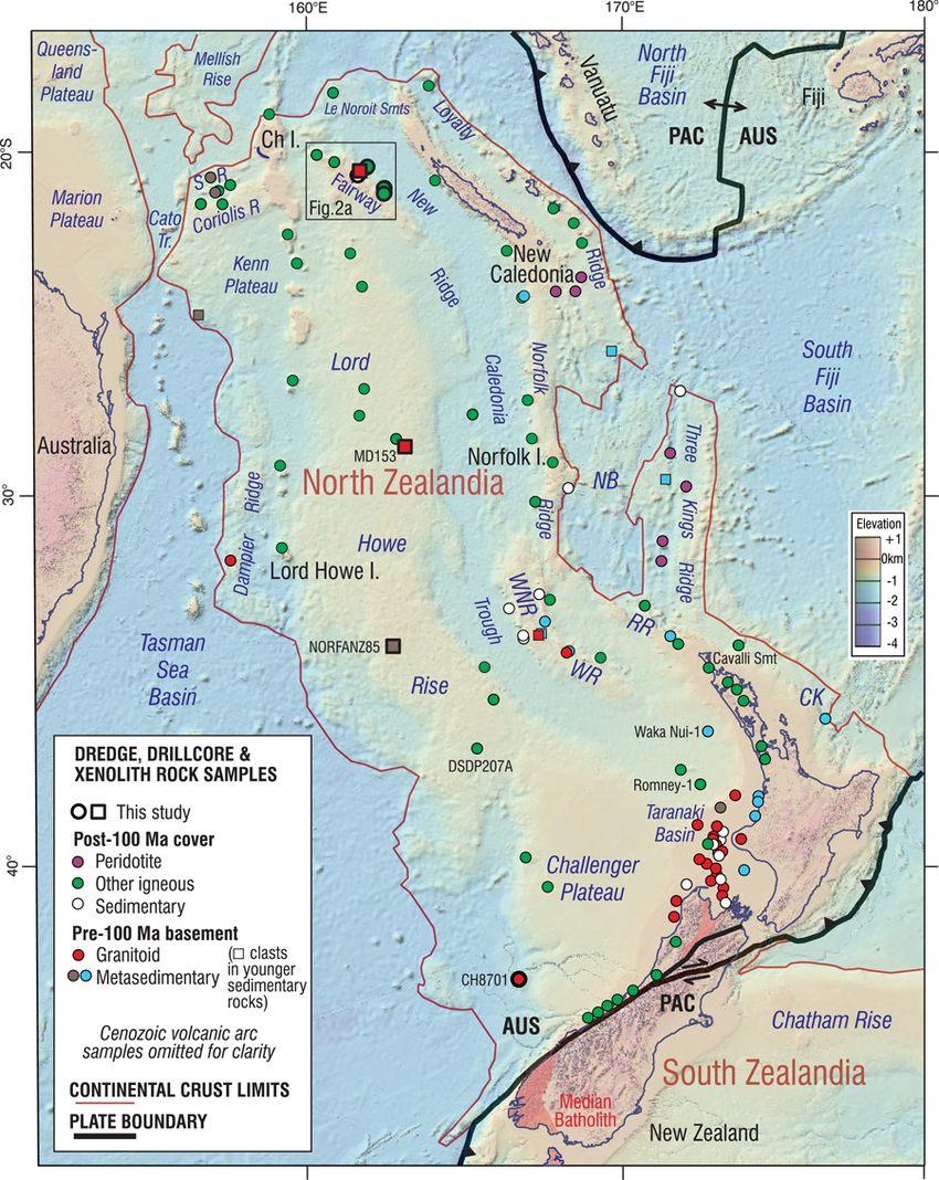 Bathymetric and tectonic setting of North Zealandia. Samples analyzed in this paper shown in symbols with thick black outlines. PAC = Pacific Plate, AUS = Australian Plate, Ch I. = Chesterfield Islands, NB = Norfolk Basin, WNR = West Norfolk Ridge, WR = Wanganella Ridge, RR = Reinga Ridge, and CK = Colville Knolls.