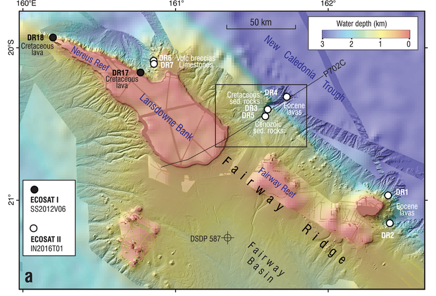 Dredge sites on the Fairway Ridge. Regional bathymetric map with SS2012V06 and IN2016T01 dredge sites.
