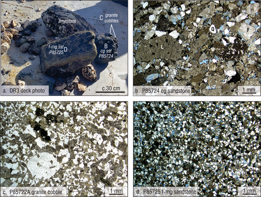 IN2016T01 DR3 deck image showing blocks of limestone (pale), sandstone, pebbly to cobbly sandstone, and disaggregated cobbles.