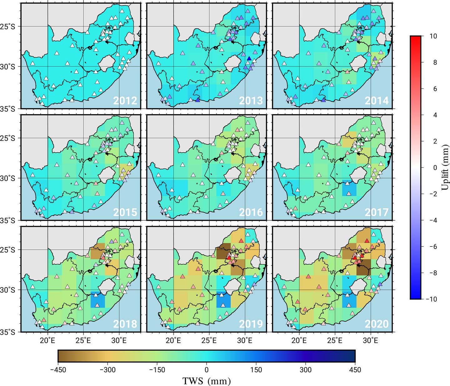 The graph shows the water losses and gains - in South Africa between 2012 and 2020. The browner the region, the higher the water loss. The triangles represent GPS stations. A red triangle means that this station has risen in height since 2012.
