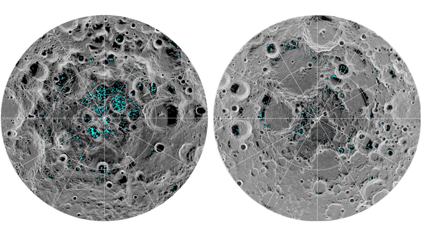 Map of water ice confirmed in the Moon’s north and south polar regions by the Moon Mineralogy Mapper instrument. 