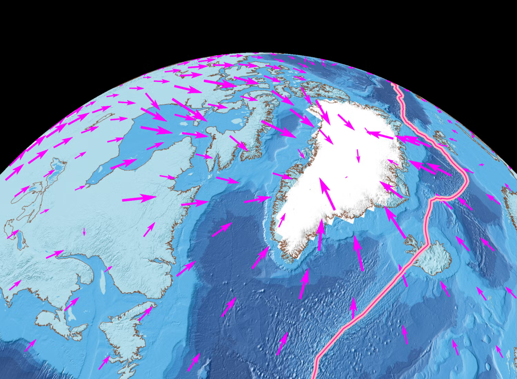 Graphic showing the Mid-Atlantic Ocean Ridge (red line) and how melting ice from Greenland caused changes in the motion of Earth's crust (purple arrows). 