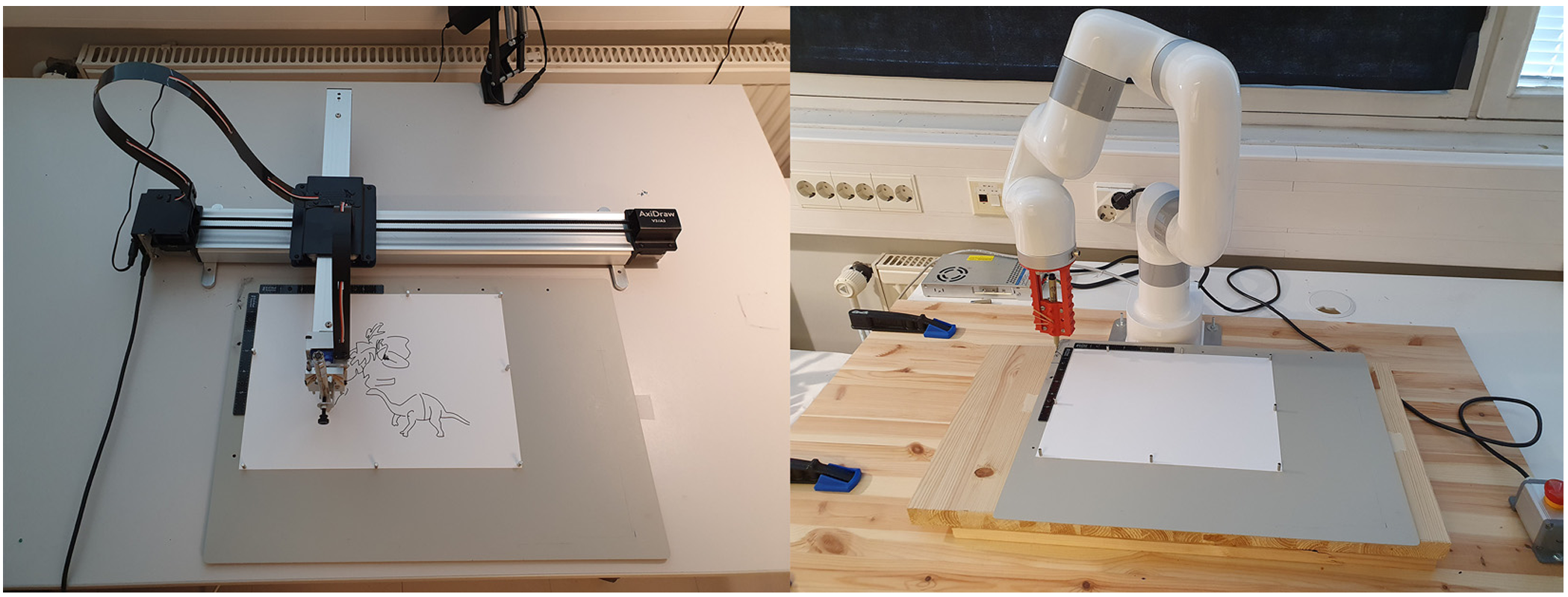 Robots used in the experiment: Evil Mad Scientist AxiDraw V3/A3 (left) and UFactory xArm Lite 6.