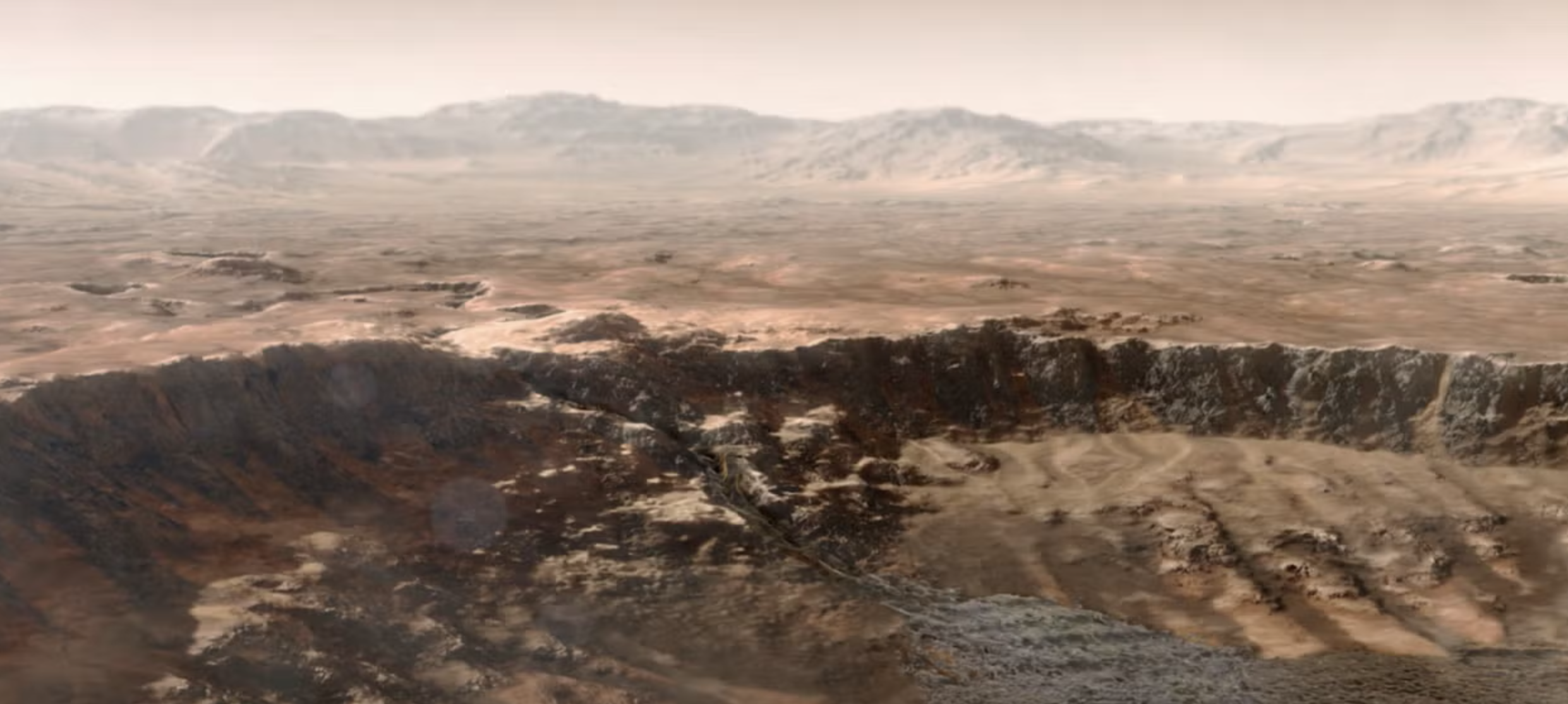 Artist's depiction of water rushing into Mars' Jezero Crater, which billions of years ago was the site of a delta.