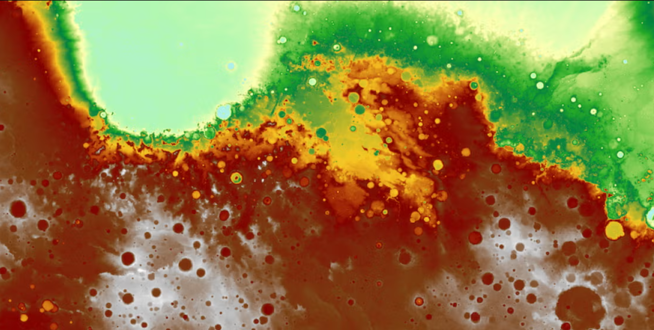 A detailed map of the topography of Mars at one region near its equator taken by the Mars Orbiter Laser Altimeter (MOLA) instrument on NASA's Mars Global Surveyor spacecraft.