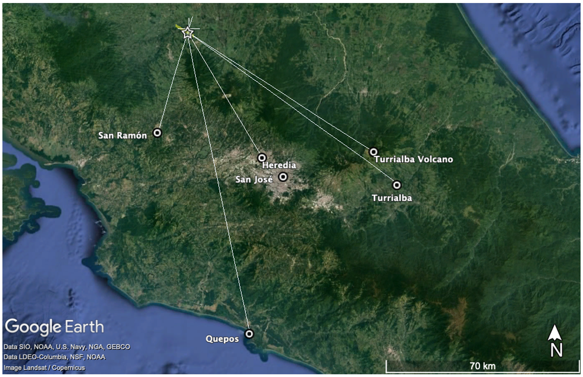 Location of video cameras relative to the meteor trajectory and flare (marked by a star) over the fall location near Aguas Zarcas, Costa Rica.