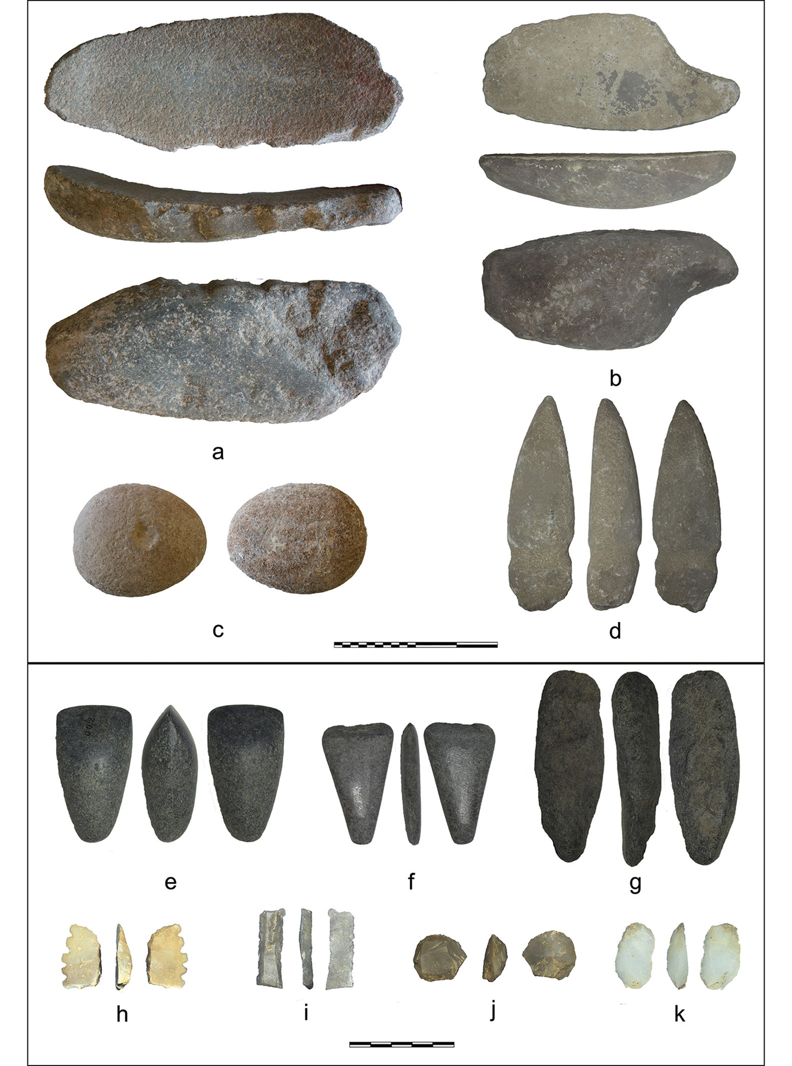 Stone tools from Oued Beht: a & b) lower grinding stones; c) upper grinder reused as anvil (pierre à cupule); d) pick (pièce à gorge); e & f) polished axes; g) axe/adze preform; h) serrated sickle element; i) rectilinear sickle element; j) circular endscraper; k) product from bipolar percussion