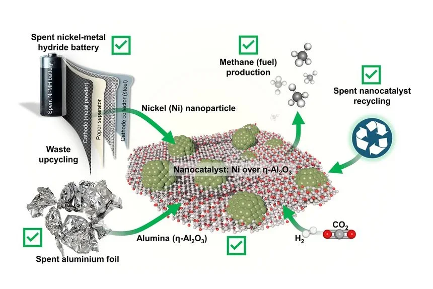 Transforming battery/aluminium waste into nanocatalysts for methane (fuel) production and recycling spent nanocatalysts into catalyst precursors.