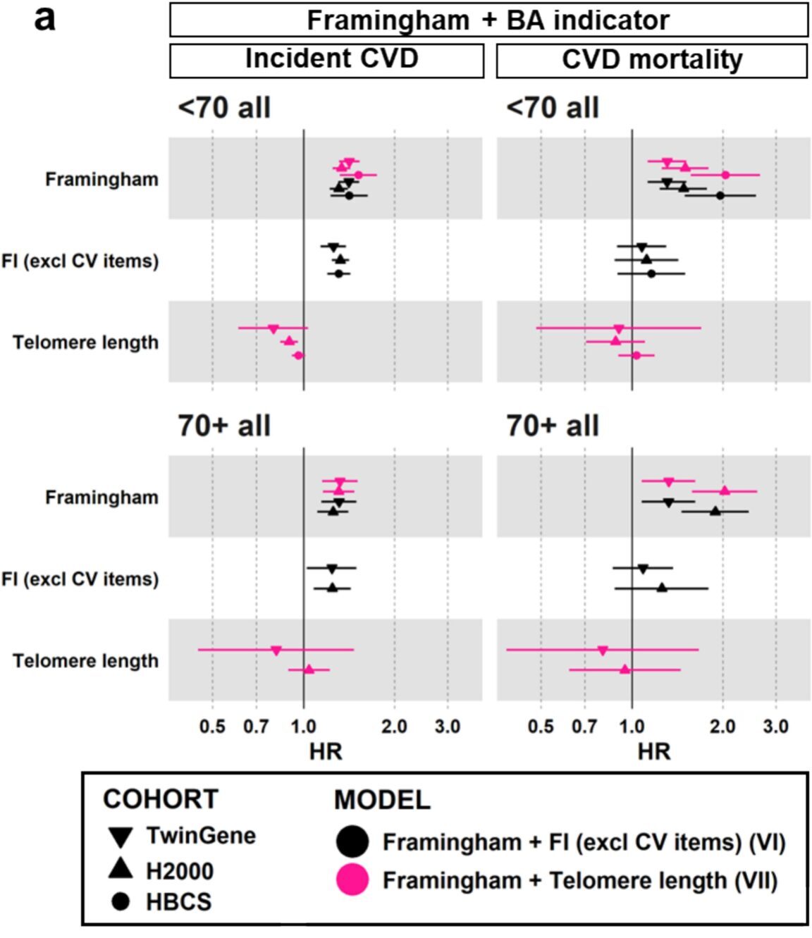 Models VI–IX: HRs and 95% confidence intervals for incident CVD and CVD-related mortality per 10% increase in indicator value, analysed separately by age groups (<70 years and 70+ years). Results for models VI and VII, which include FRS and a BA indicator (either FI excluding CV items or TL), are shown in panel a.