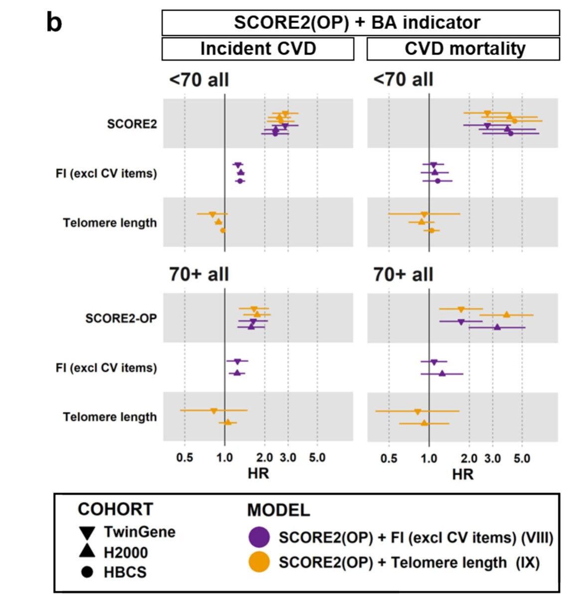Models VI–IX: HRs and 95% confidence intervals for incident CVD and CVD-related mortality per 10% increase in indicator value, analysed separately by age groups (