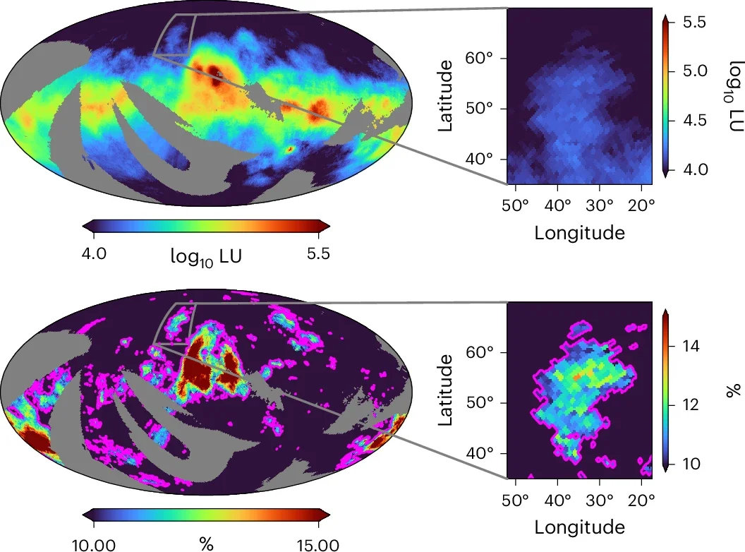 FIMS/SPEAR FUV H2 fluorescence emission map13. Bottom: map of the ratio of H2 intensity to total FUV intensity.