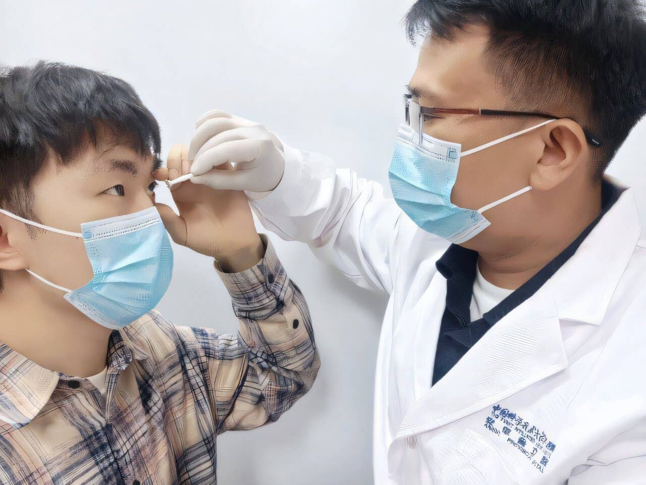 Researcher places infrared contacts in participant's eyes.
