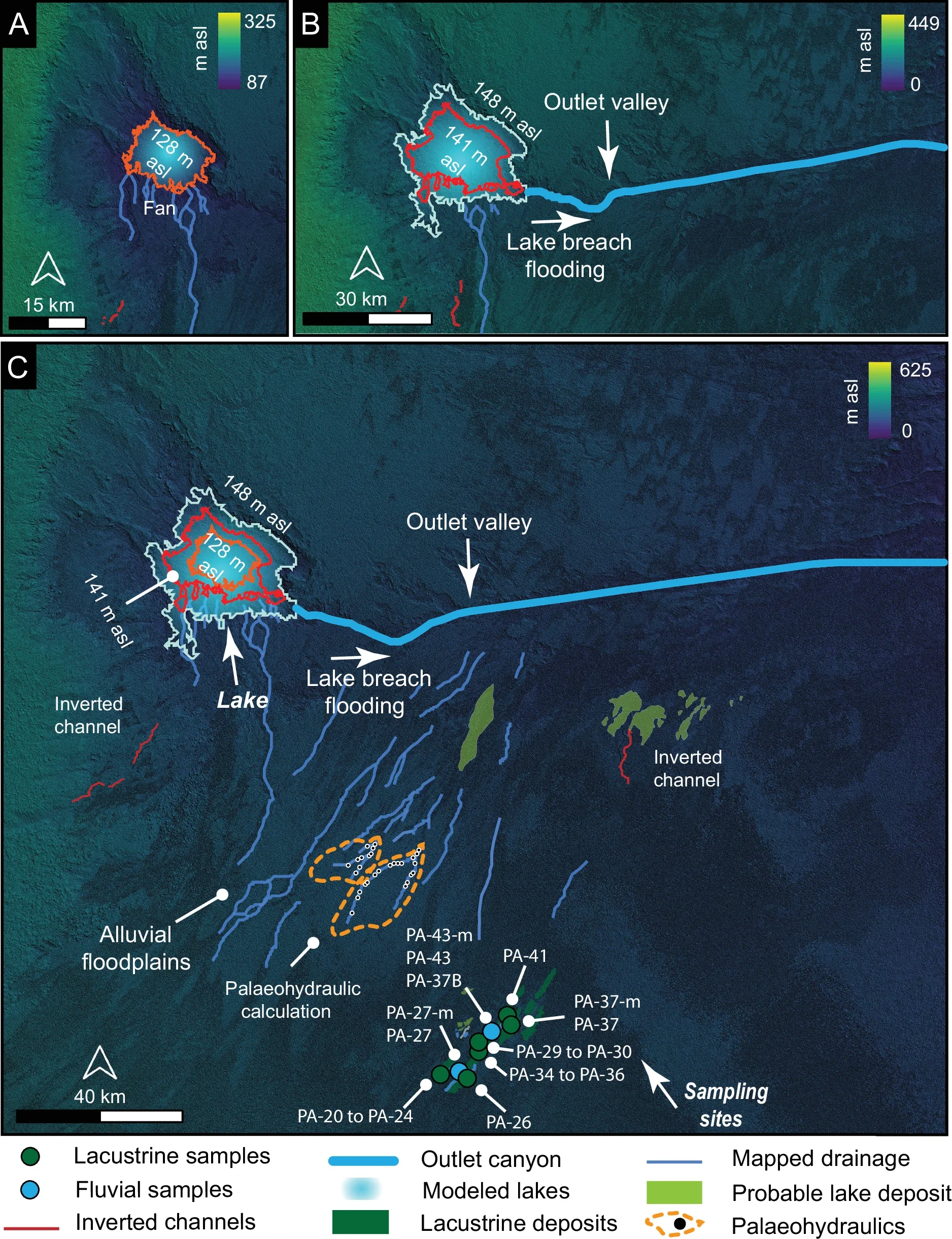 Inferred palaeolake levels based on geomorphic observations.
