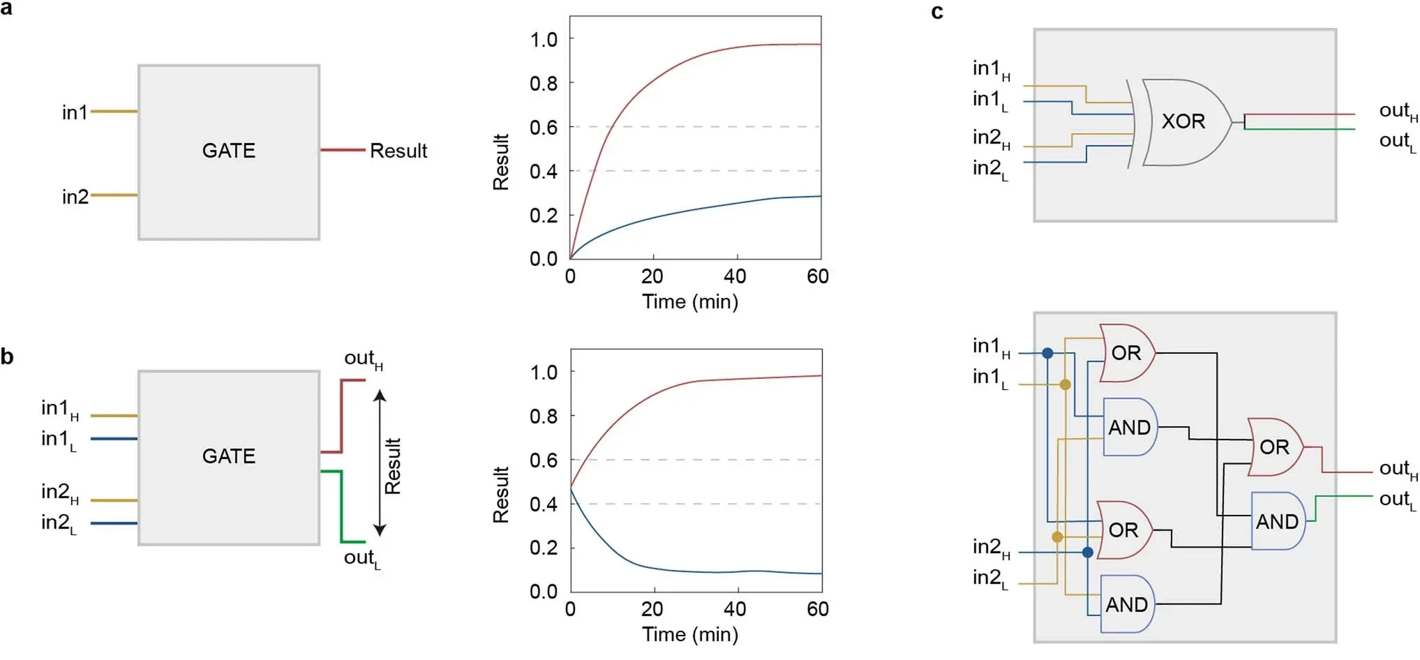 A single-rail gate receives one molecule as an input and generates one molecule as output. The concentration of output increases rapidly when the output is 1 while slowly when the output is 0.