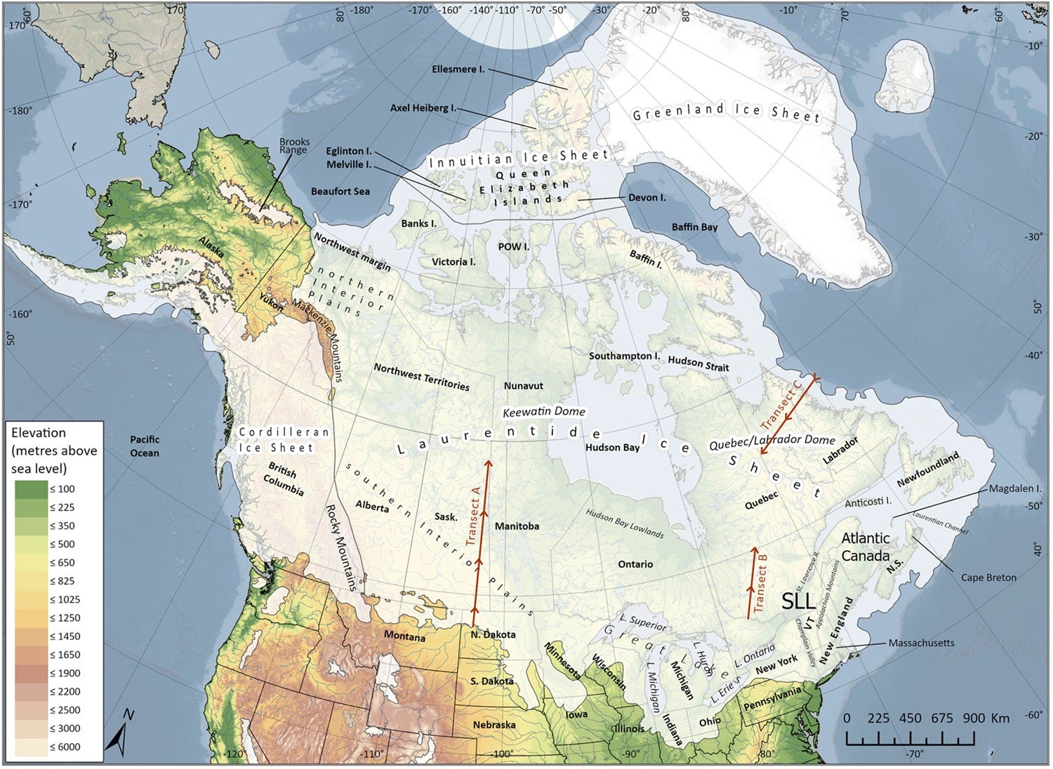 Laurentide Ice Sheet during the Last Glacial Maximum. North America experienced several glaciations during the Quaternary period, with much of what is now Canada being intermittently covered by the Laurentide Ice Sheet. The last glacial maximum occurred between 23,000 and 19,000 years ago. 