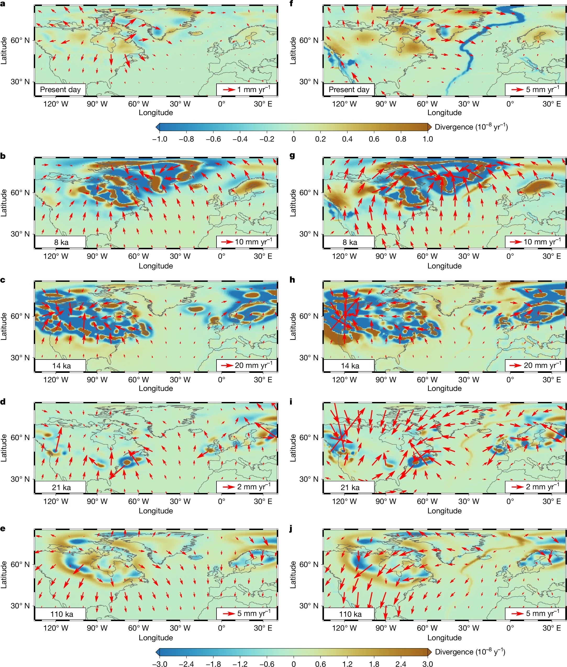 Horizontal crustal velocity and divergence for the Northern Hemisphere with major ice sheets for two cases.