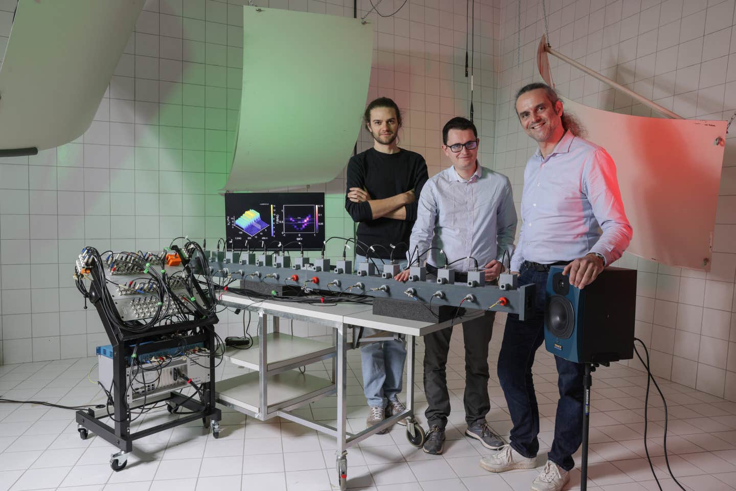 (From left to right): Mathieu Padlewski, Romain Fleury and Hervé Lissek standing with their metamaterial.