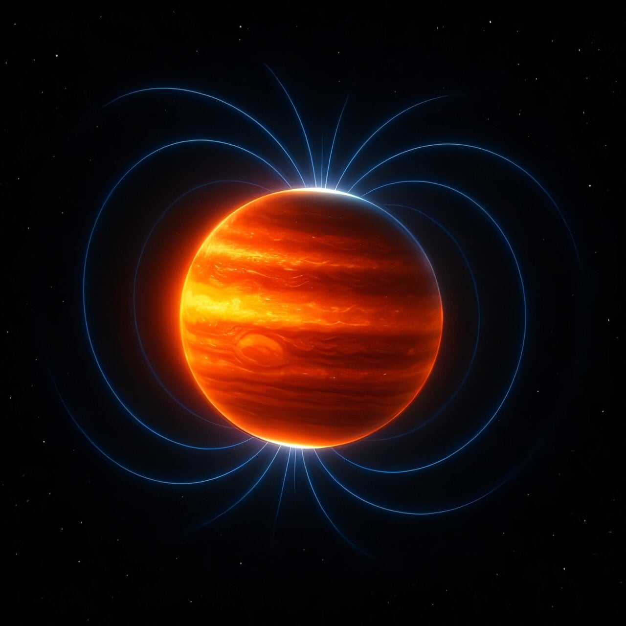 An illustration of Jupiter with magnetic field lines emitting from its poles. 