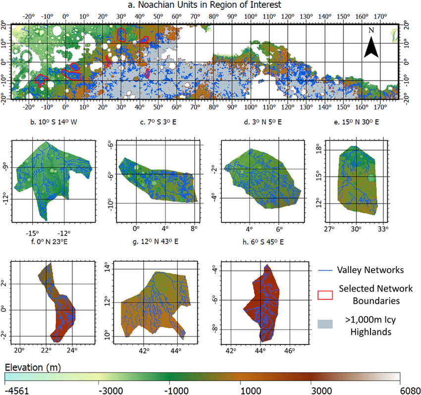Digital elevation model of the Noachian units in the region of interest (ROI). Noachian units from Tanaka and Kolb (2001). Elevations above 1,000 m (the ice stability line) are shaded gray to identify the location of the hypothesized ice cap. The major valleys are identified with red outlines around dark blue lines representing the valleys.