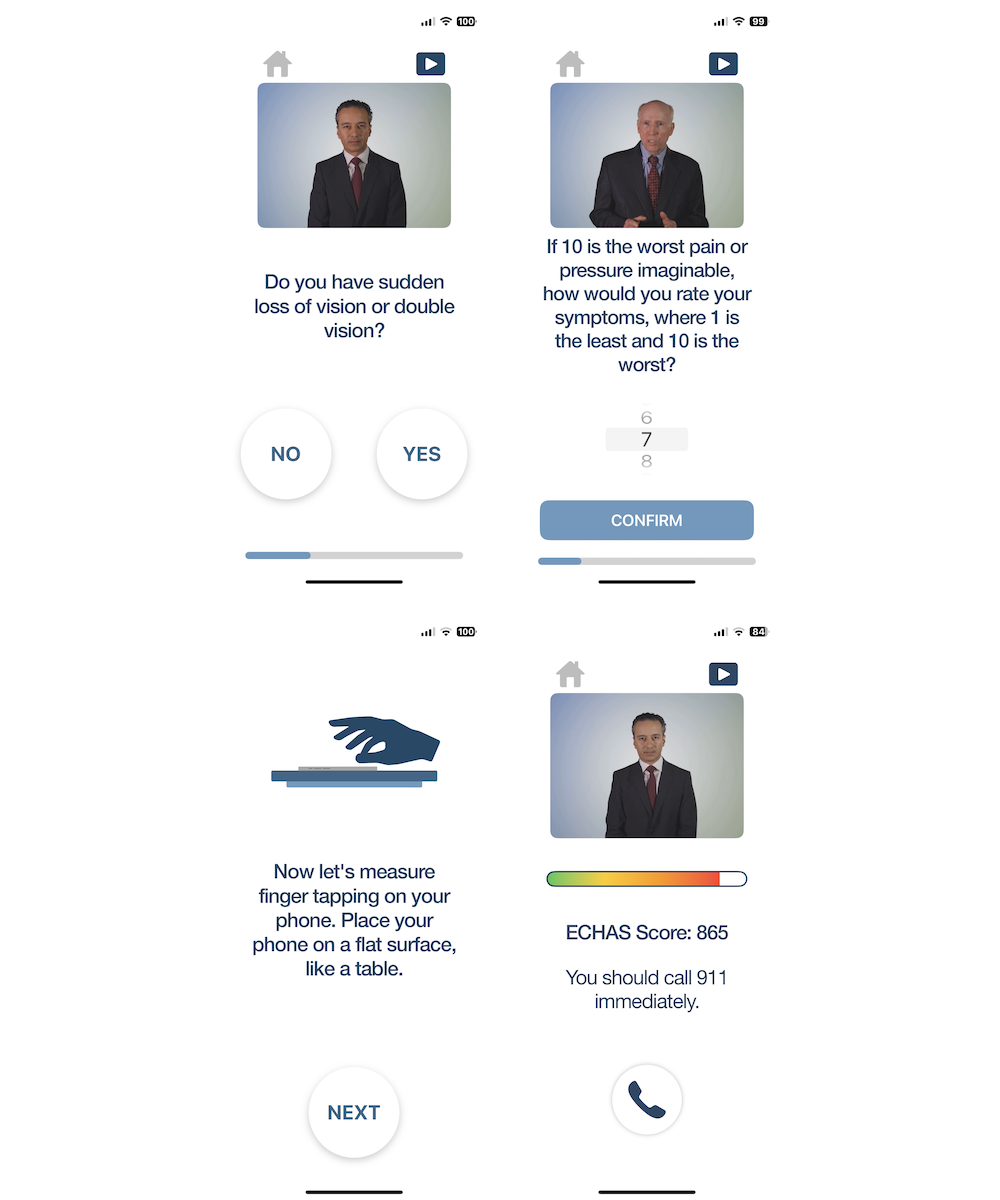 Screenshots of ECHAS (Emergency Call for Heart Attack and Stroke) including stroke question, myocardial infarction question, finger-tapping, and final suggestion. We obtained explicit consent from these individuals to use their images for publication.