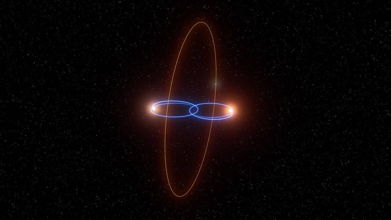 Artists impression of 2M1510 (AB) b, a planet in a perpendicular orbit around two brown dwarfs.