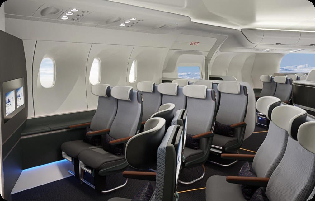 A conceptual design showcasing the envisioned interior of a JetZero aircraft cabin.