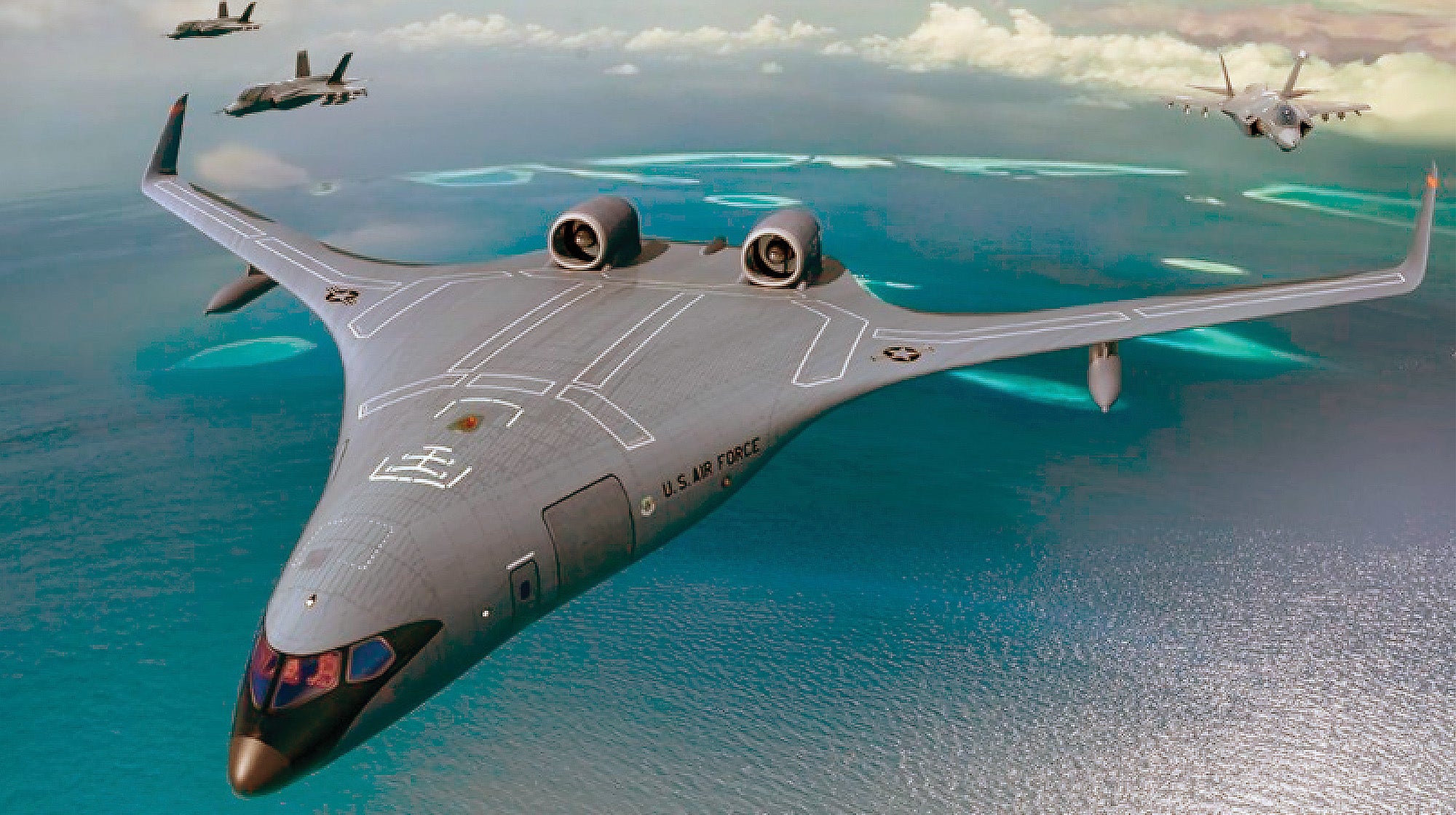 A conceptual rendering shows the U.S. Air Force’s Next Generation Air-Refueling System (NGAS) in action, refueling F-35 fighter jets during a mission over the Pacific.