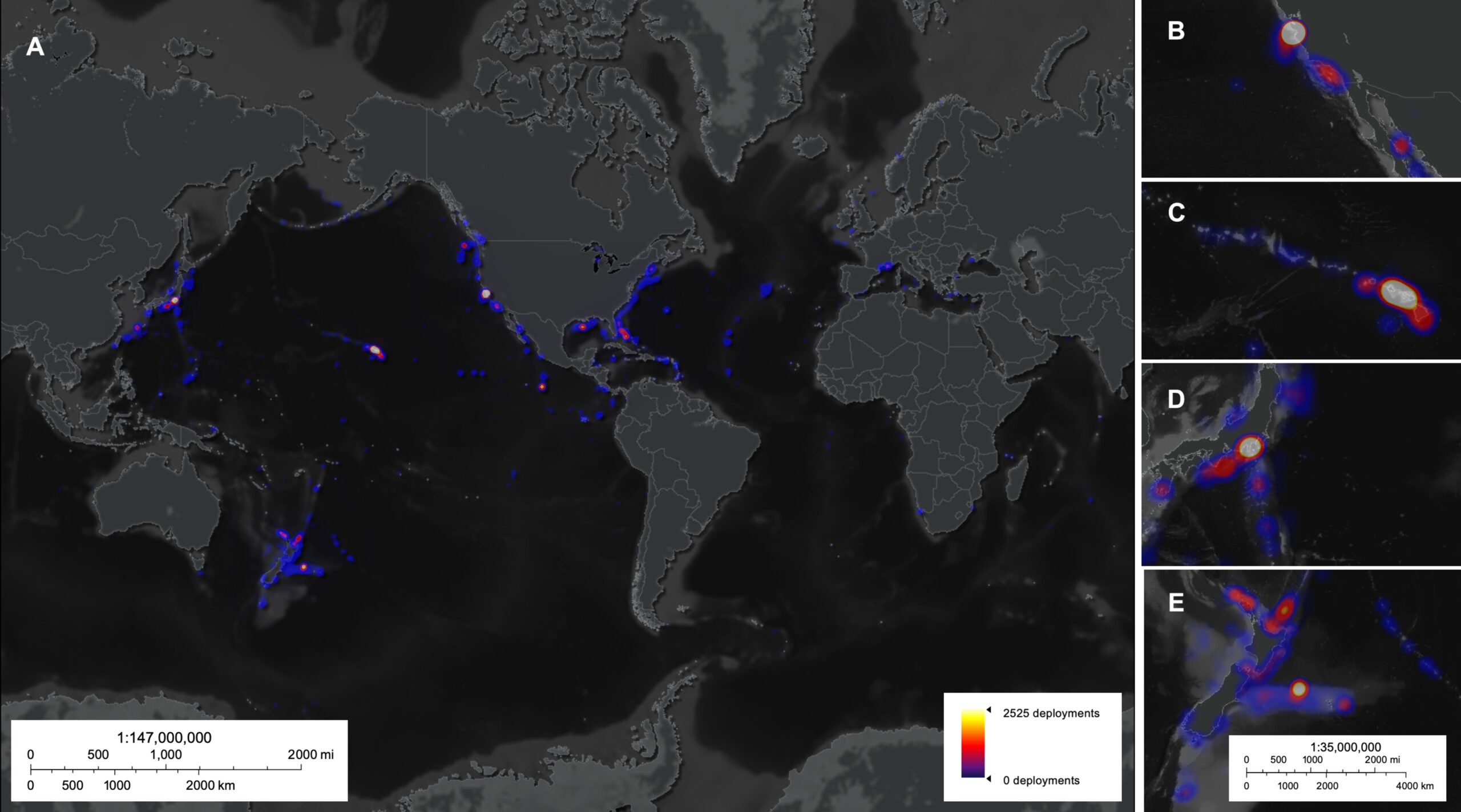 (A) Deep-sea dive activity has been concentrated in a small number of locations, particularly (B) Monterey Bay, USA; (C) Hawai’i, USA; (D) Suruga and Sagami Bays, Japan; and (E) New Zealand.