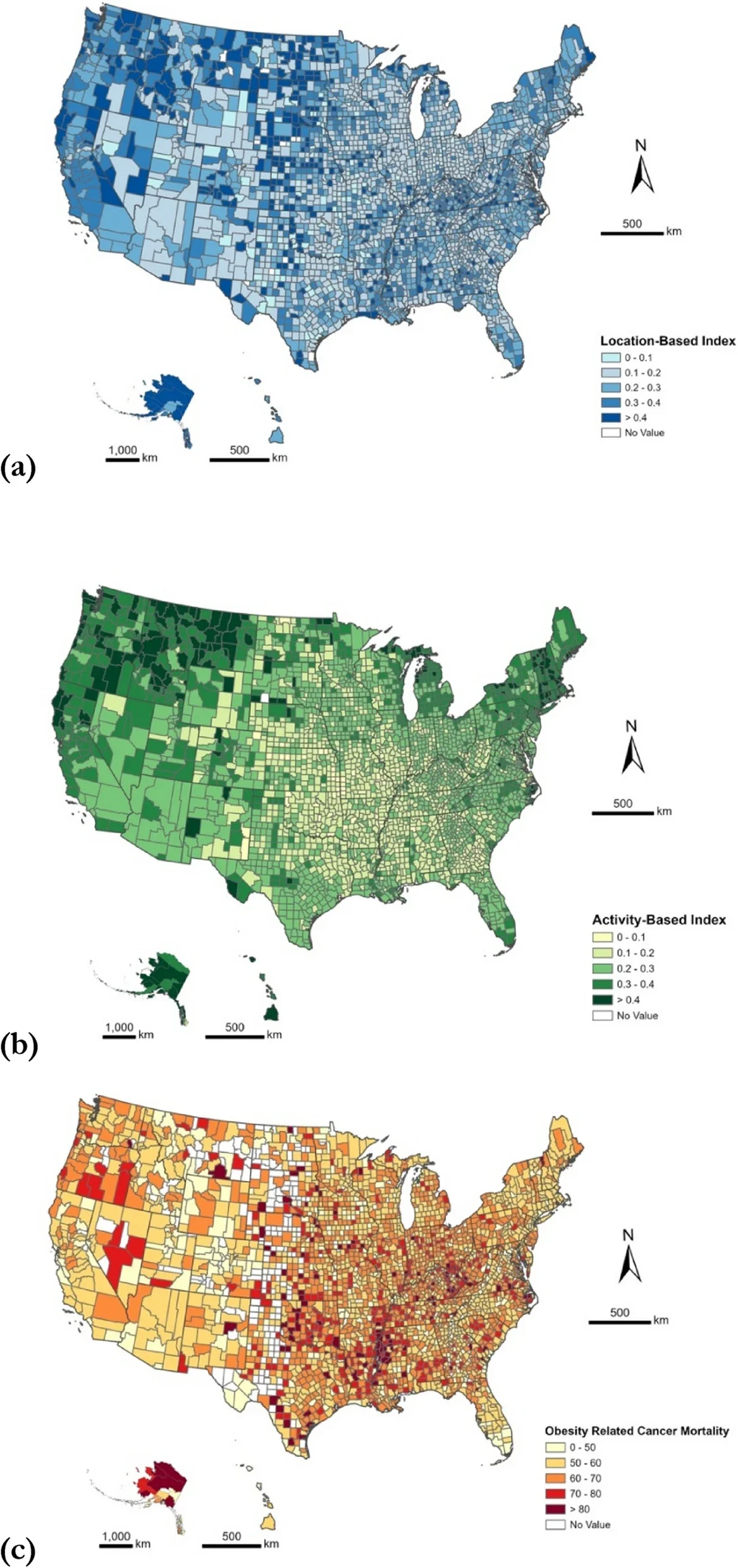 Spatial distribution of (a) location-based index, (b) activity-based index, and (c) the obesity-related cancer mortality rates.