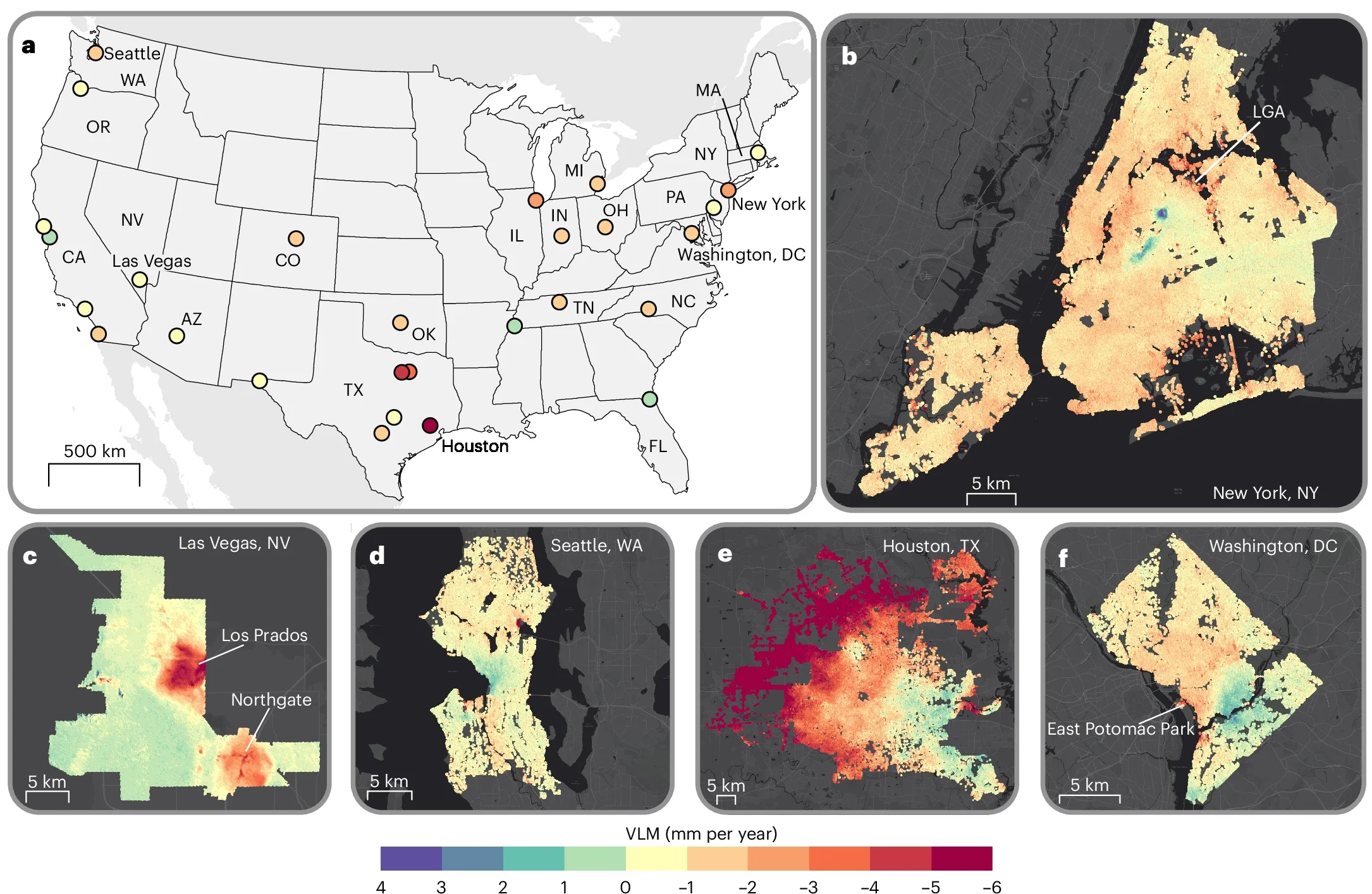 Urban land subsidence in US cities. The average rate of VLM for 28 US cities as evaluated in this study. Each circle is color-coded to the respective average VLM for each city. 