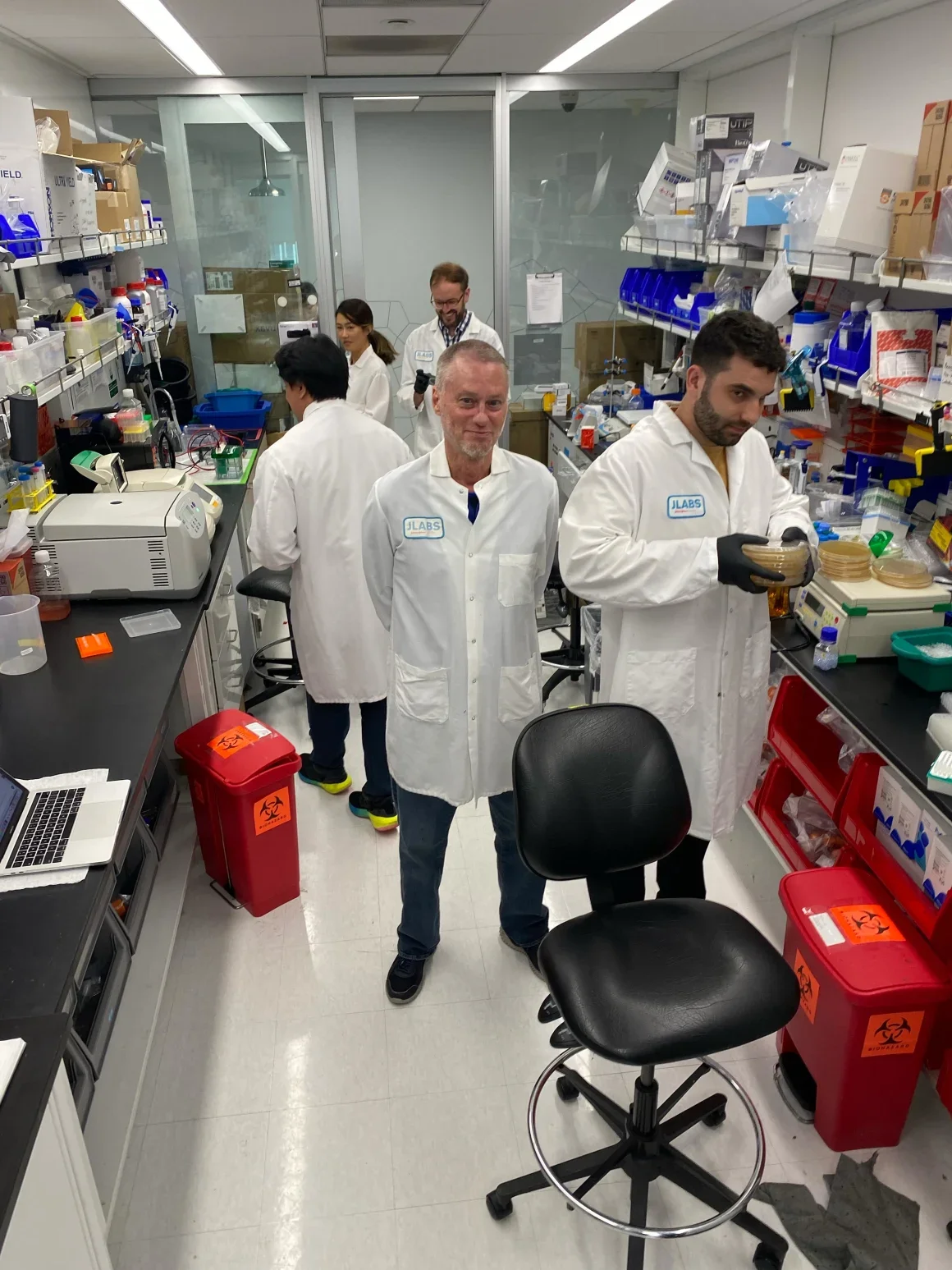 Columbia University research team including: Tim Friede, center, with colleagues Mark Bellin, right, Joel Andrade, left, Gengan Li, back left, and Nicholas Bayless, back center.