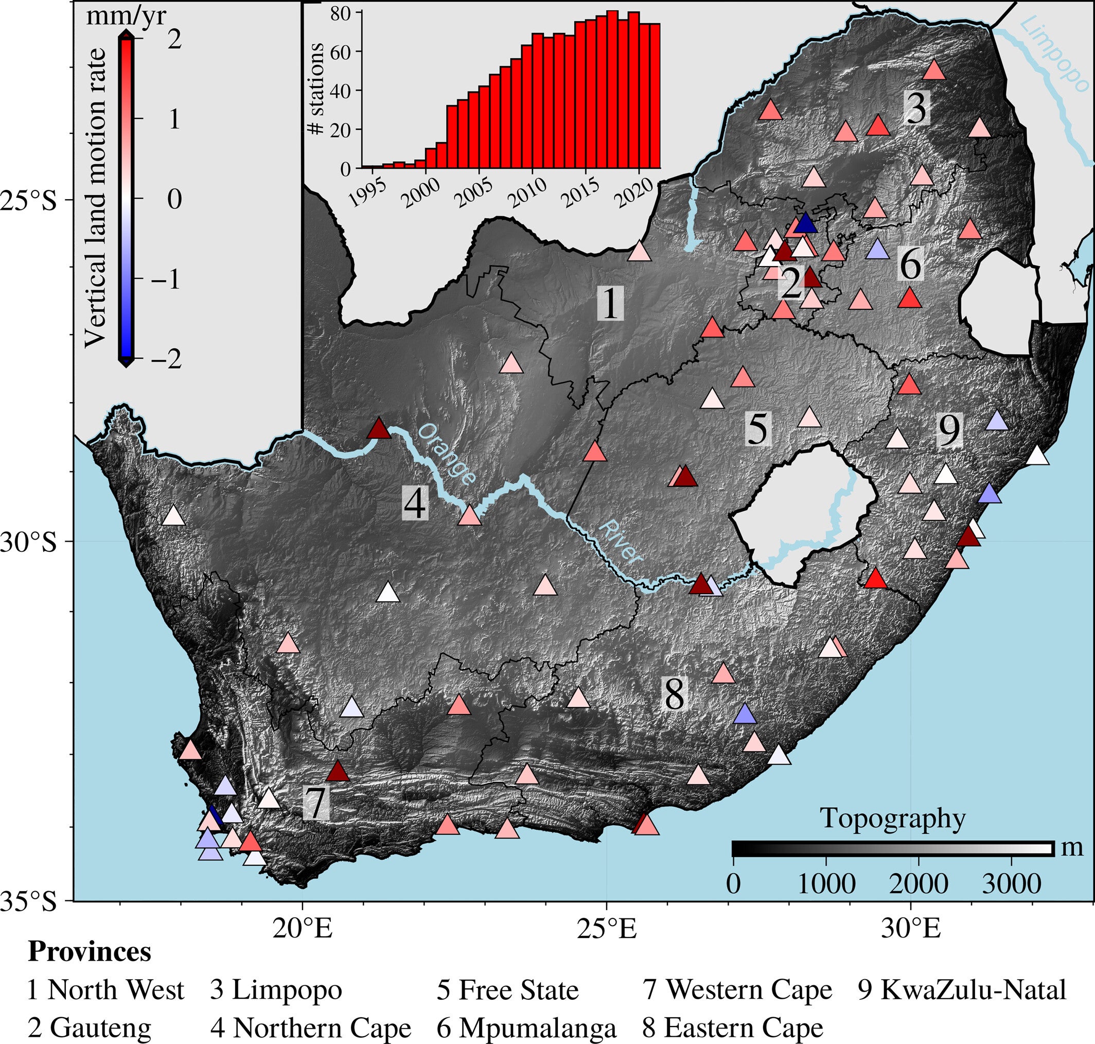 Topographic map of South Africa with locations of available GNSS base stations. 