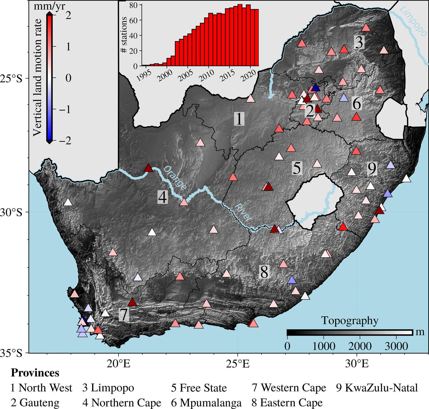 Topographic map of South Africa with locations of available GNSS base stations. 