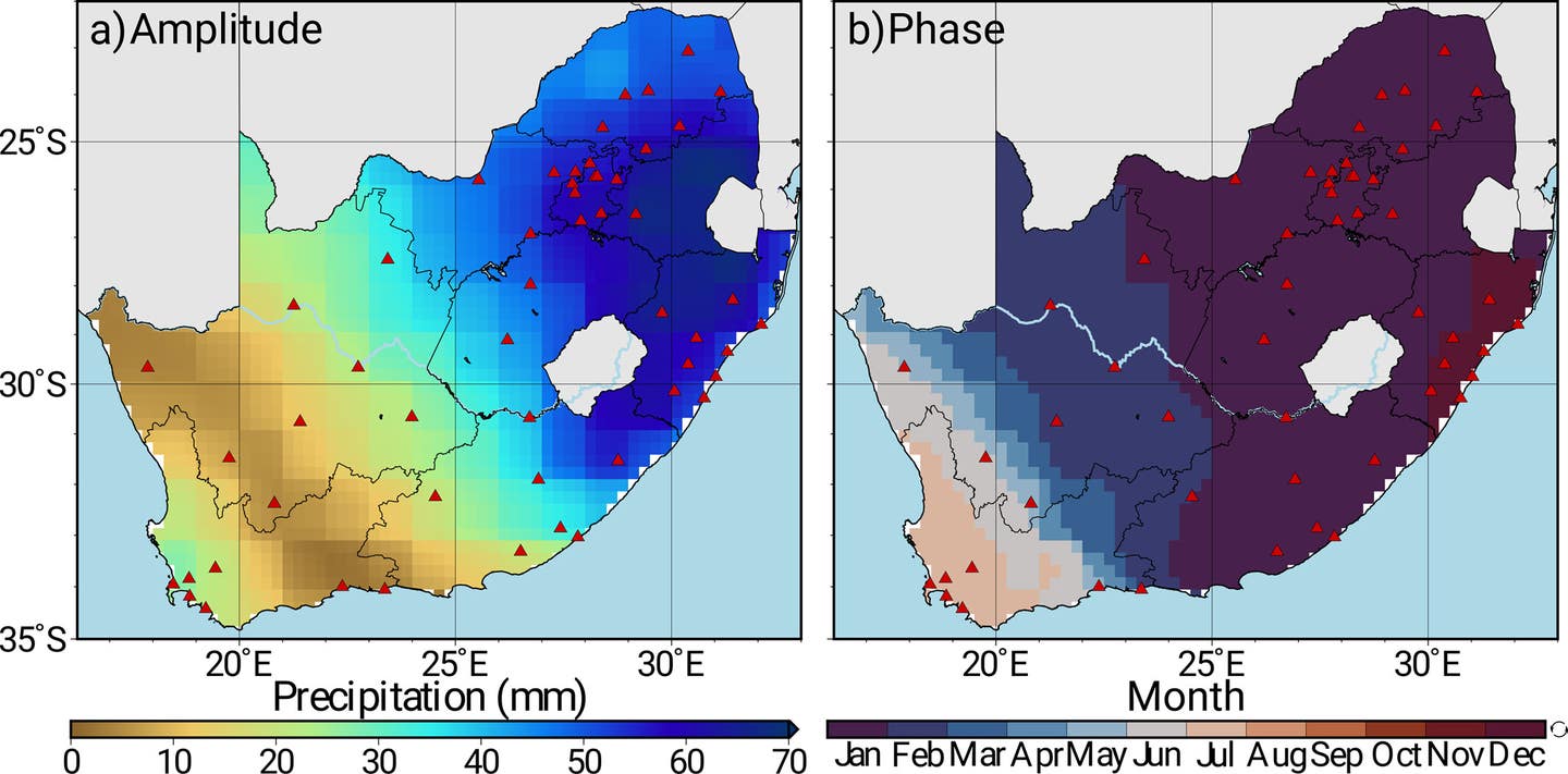 Annual amplitude in equivalent water height and (b) phase of monthly accumulated precipitation over the time period 2003–2018, derived from the Global Land Data Assimilation (GLDAS) Noah 2.1 Land Surface Model total precipitation rate (forcing variable).