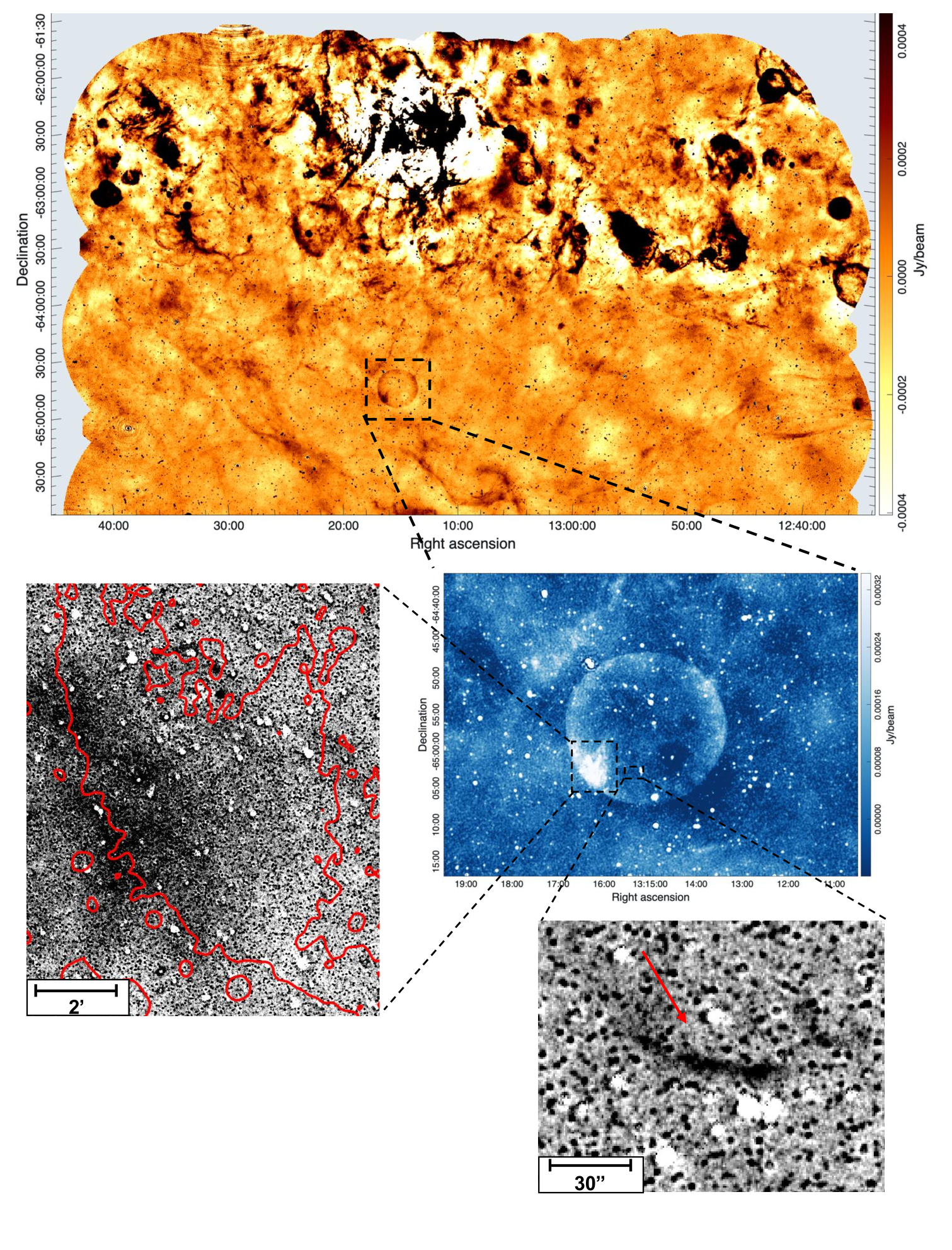 ASKAP 943.5 MHz radio-continuum image of Teleios and the surrounding environment showing the Galactic plane (top) with a zoomed-in inset of the same image (middle right). The Hα optical images are shown in the left and bottom insets. 