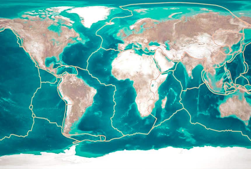 The movement of Earth's tectonic plates shape the planet's surface. This three-dimensional image shows a map of Earth's tectonic plates.