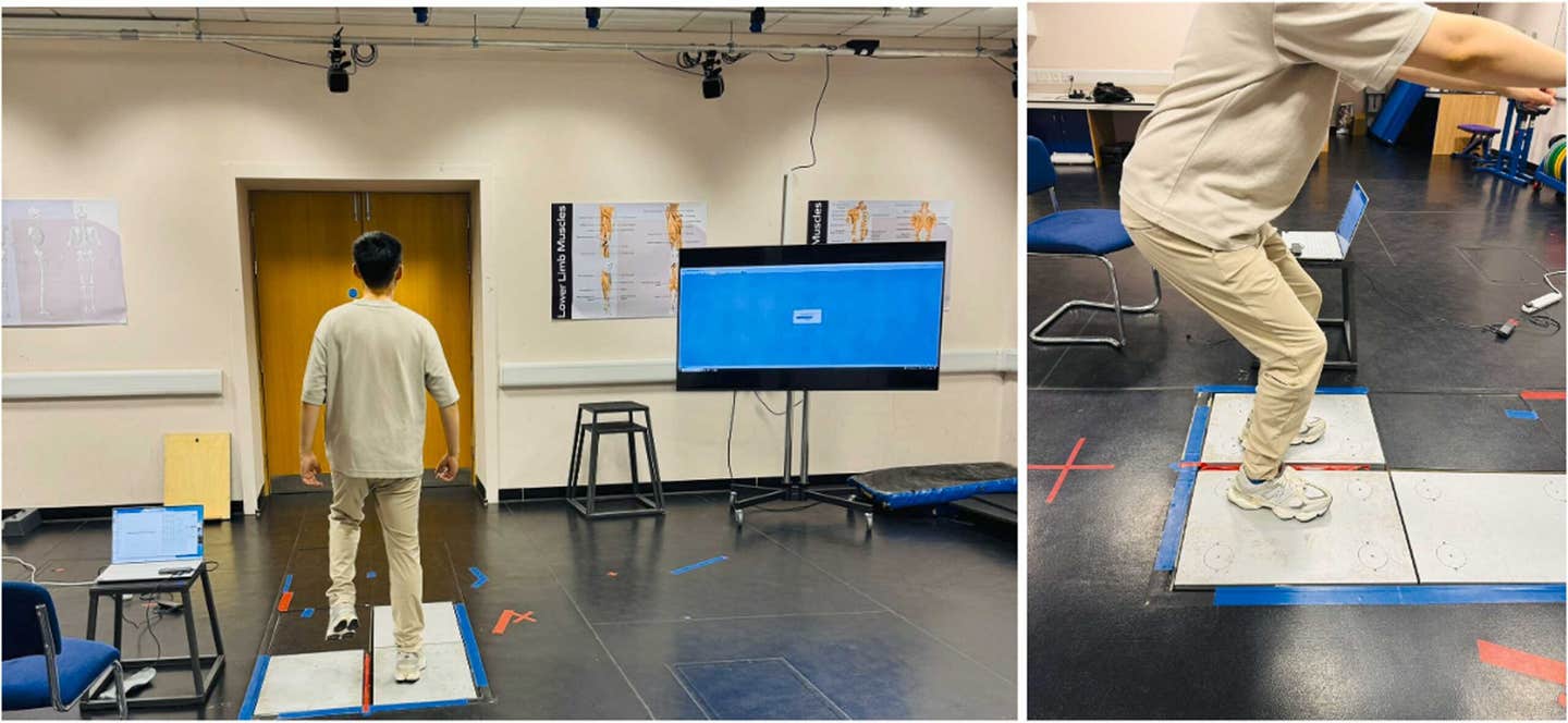 Experimental setup with the smart insole and force plate. The participant wore a pair of smart insoles inside the shoe while moving on the force plate. 