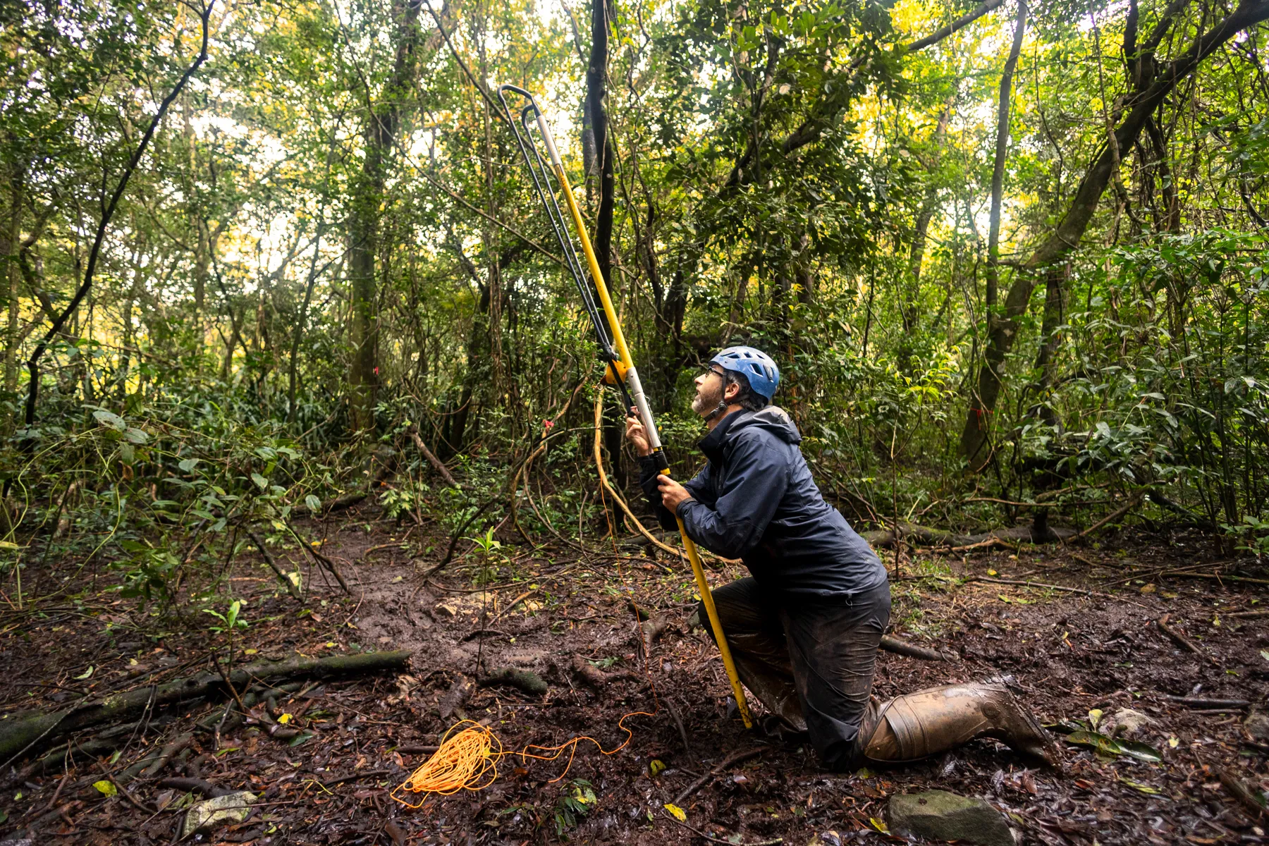 Gregory Goldsmith from Chapman University launches a slingshot into the forest canopy to install a carbon dioxide sensor in the canopy of a Costa Rican rainforest near the Rincón de la Vieja volcano.